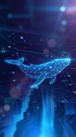 Digital whale hologram with glowing blue wireframe design floating above futuristic cityscape with data streams and network connections in cyberpunk style.