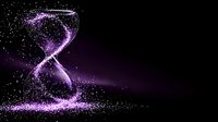 Purple glowing hourglass with sparkling particle effects on dark background. Time management concept for business presentations and digital designs.