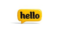Yellow speech bubble with black "hello" text on white background, isolated for graphic design projects and communication concepts.