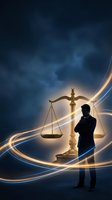 Businessman silhouette contemplating justice scales with golden light trails on dramatic blue background for legal consulting and law firm branding.