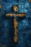 Weathered wooden cross on textured blue background with gold accents for religious and spiritual themed designs.