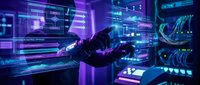 Male technician in dark uniform performing maintenance work inside server room with glowing purple and blue neon lighting, surrounded by network equipment and data cables for IT infrastructure concepts.