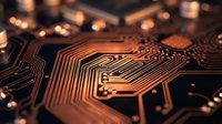 Close-up of copper circuit board with intricate electronic pathways and components, showcasing modern technology and digital innovation for tech projects.