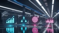 Futuristic holographic business dashboard displaying analytics charts, target goals, and data visualization in modern digital interface with neon lighting.