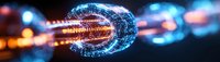 Digital network connection with glowing blue and orange light streams forming futuristic tunnel on dark background.