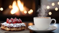 Hot coffee cup with steam and chocolate cake topped with fresh raspberries and powdered sugar on dark background with blurred bokeh lights creating cozy atmosphere.