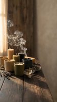 Lit candles in various colors and sizes arranged on rustic wooden surface with smoke wisps, dried flowers, and warm sunlight creating serene spa or wellness ambiance for relaxation and meditation.