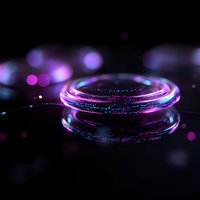 Glowing purple and blue neon rings with sparkles on dark background create futuristic atmosphere for technology and science concepts.