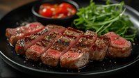 Juicy medium rare sliced beef steak seasoned with pepper and salt, served on black plate with fresh arugula and cherry tomatoes, close up view of grilled meat.