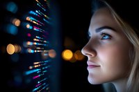 Young blonde woman looking at programming code on transparent screen with bokeh lights in dark room, side view portrait showing digital transformation.