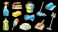 Cleaning supplies and household tools collection isolated on transparent background, ready for t-shirt design, clipart, stickers, print-on-demand products and sublimation projects.