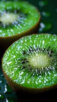 Fresh juicy kiwi fruit cut in half showing bright green flesh with black seeds and white center in macro photography with water drops on dark background.