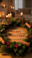 Merry Christmas text on wooden sign framed by festive wreath with pine, holly berries, and cinnamon sticks in cozy candlelit room.