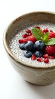 Healthy chia seed pudding with fresh berries and mint in ceramic bowl on white background for breakfast and superfood recipes.