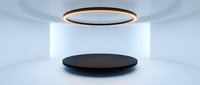 Modern minimalist product display platform with circular black stage and copper ring light in clean white studio environment for premium brand presentations.
