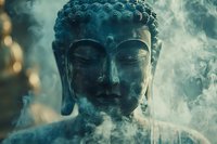 Serene Buddha statue head surrounded by mystical smoke and soft bokeh lighting creates atmospheric meditation scene in ethereal blue-green tones.