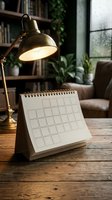 Blank desk calendar on rustic wooden table with glowing brass lamp, bookshelf and plants in cozy home office interior background.