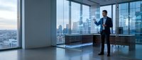 Professional businessman in suit presenting in modern office with panoramic city view through floor-to-ceiling windows at dusk for corporate meetings.