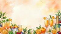 Watercolor border with champagne glasses, oranges, berries, and tropical leaves on a soft peach background with copy space for celebration designs.