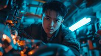 Young Asian male in dark attire illuminated by dramatic cyan and orange lighting in industrial setting, creating moody cyberpunk atmosphere for cinematic and advertising projects.