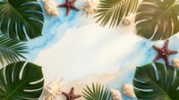 Tropical summer frame with palm leaves, seashells and starfish on sandy beach background with copy space for text and design projects.