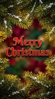 Merry Christmas greeting card with snow-dusted pine branches framing a festive bokeh background in red and gold tones.