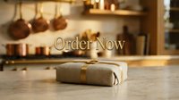 Elegant gift wrapped in linen with gold ribbon on marble counter, warm kitchen background, order now call to action for holiday promotions.