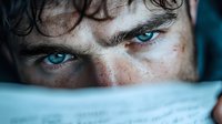 Intense blue eyes of young Caucasian man with freckles and curly hair reading document, creating dramatic close-up portrait with shallow depth of field.