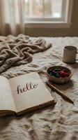 Cozy morning flatlay on linen bed with open journal saying hello, fresh berries, pencil, mug, and knit blanket near window.
