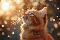 Ginger cat with blue eyes looking upward against warm bokeh lights, perfect for pet, animal, and lifestyle design projects.