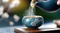 Pouring green tea into traditional Asian ceramic teacup with floral pattern on wooden tea tray. Zen atmosphere with soft bokeh background creates tranquil mood.