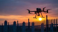 Professional drone flying over wooden fence at golden hour sunset with dramatic purple and orange sky for aerial photography and surveillance applications.
