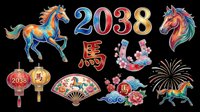 Colorful 2038 Chinese New Year of the Horse design elements isolated on transparent background, ready for t-shirts, stickers, clipart, sublimation and print-on-demand projects.