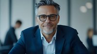Confident mature Caucasian businessman with gray hair and glasses wearing navy suit smiles warmly in modern office setting, projecting leadership and success.