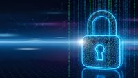 Digital cybersecurity padlock with glowing blue neon effects and binary code streams on dark tech background for data protection concepts.