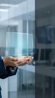 Close-up of businessman's hand holding glowing transparent digital tablet in modern office environment. Concept for technology, innovation, and business solutions.