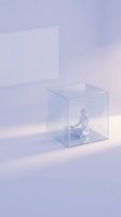 Minimalist figure meditating in lotus pose inside a transparent glass cube on soft lavender background, concept of mindfulness and inner peace.