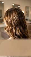 Woman with wavy brown hair highlights at salon showcasing modern balayage technique and professional hair coloring services for beauty industry marketing.