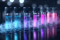 Glowing laboratory vials with luminescent liquid in blue, purple and pink colors on reflective surface amid fog and bokeh lights, scientific research concept.