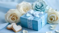 Elegant blue gift box with lace ribbon surrounded by cream roses and heart-shaped cookies on soft blue background. Perfect for wedding or anniversary celebrations.