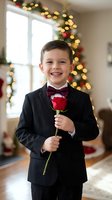 Adorable young boy in formal black suit holding red rose with Christmas tree bokeh lights background for holiday celebrations and special occasions.
