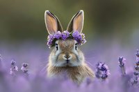 Adorable brown rabbit wearing purple lavender flower crown, sitting in blooming lavender field with soft bokeh background, looking directly at camera with gentle expression.