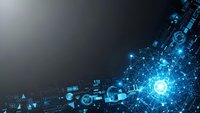 Digital technology network with glowing blue connections and data flow on dark background for business presentations and tech concepts.