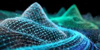 Digital wireframe landscape with flowing cyan and green mesh waves on black background. Abstract technology visualization for futuristic concepts.
