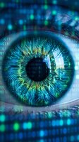 Digital eye with circuit board patterns and binary code overlay representing artificial intelligence, machine learning, and futuristic technology concepts.