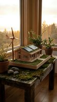 Sustainable eco house model with solar panels and wind turbine on wooden table by window during golden hour sunset for green energy architecture concept.