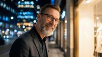Confident mature businessman with glasses and beard smiling at camera in modern urban office building at night with city lights bokeh background.