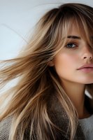 Young Caucasian woman with flowing blonde hair and natural makeup wearing gray sweater, close-up portrait with soft lighting and wind-blown effect.