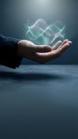 Businessman hand holding glowing digital network waves with connected dots representing data flow, technology innovation and futuristic business solutions concept.
