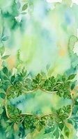Watercolor botanical background with green foliage, gold ornamental frames, and soft yellow accents. Ideal for spring designs, invitations, and decorative projects.